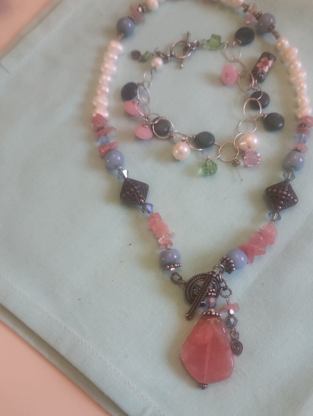 Handmade Pink Blue Crystals & Seed Pearl Beaded Necklace & Bracelet Set